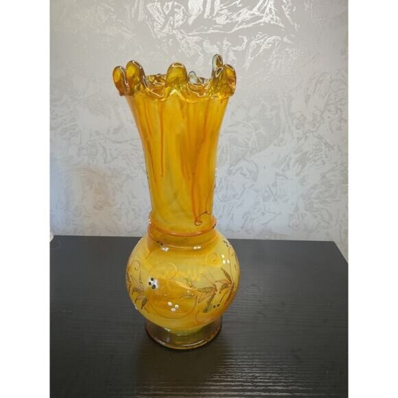 Vintage Hand Blown Amber Painted Glass Vase With Ruffled Rim & Floral Etching - Picture 3 of 5